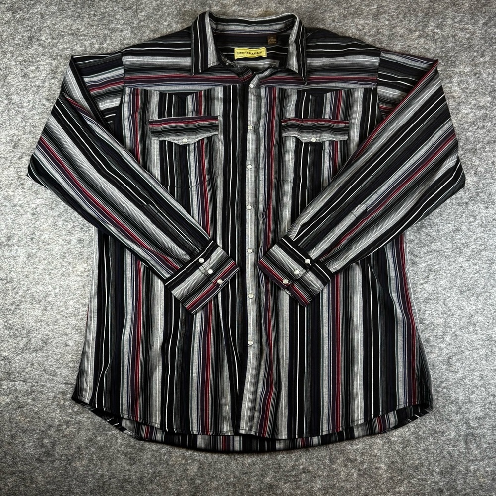 Bit & Bridle Men’s 2XL Black Red Gray Striped Western Rodeo PEARL SNAP